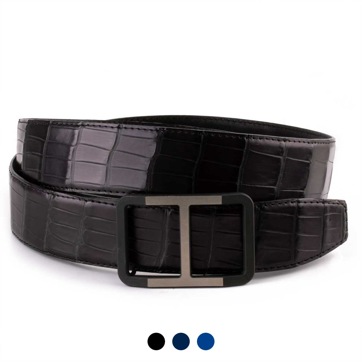 Classic leather belt with black and steel finish "H" buckle - Alligator (black, navy blue, blue)