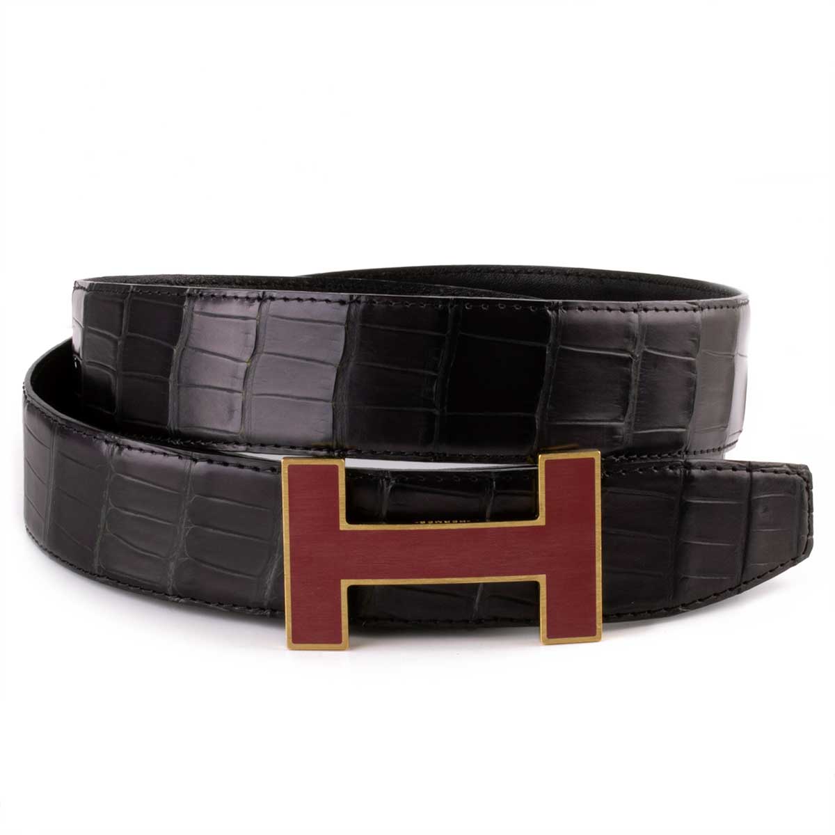 Classic leather belt with golden burgundy "H" buckle - Alligator (black, navy blue, blue)