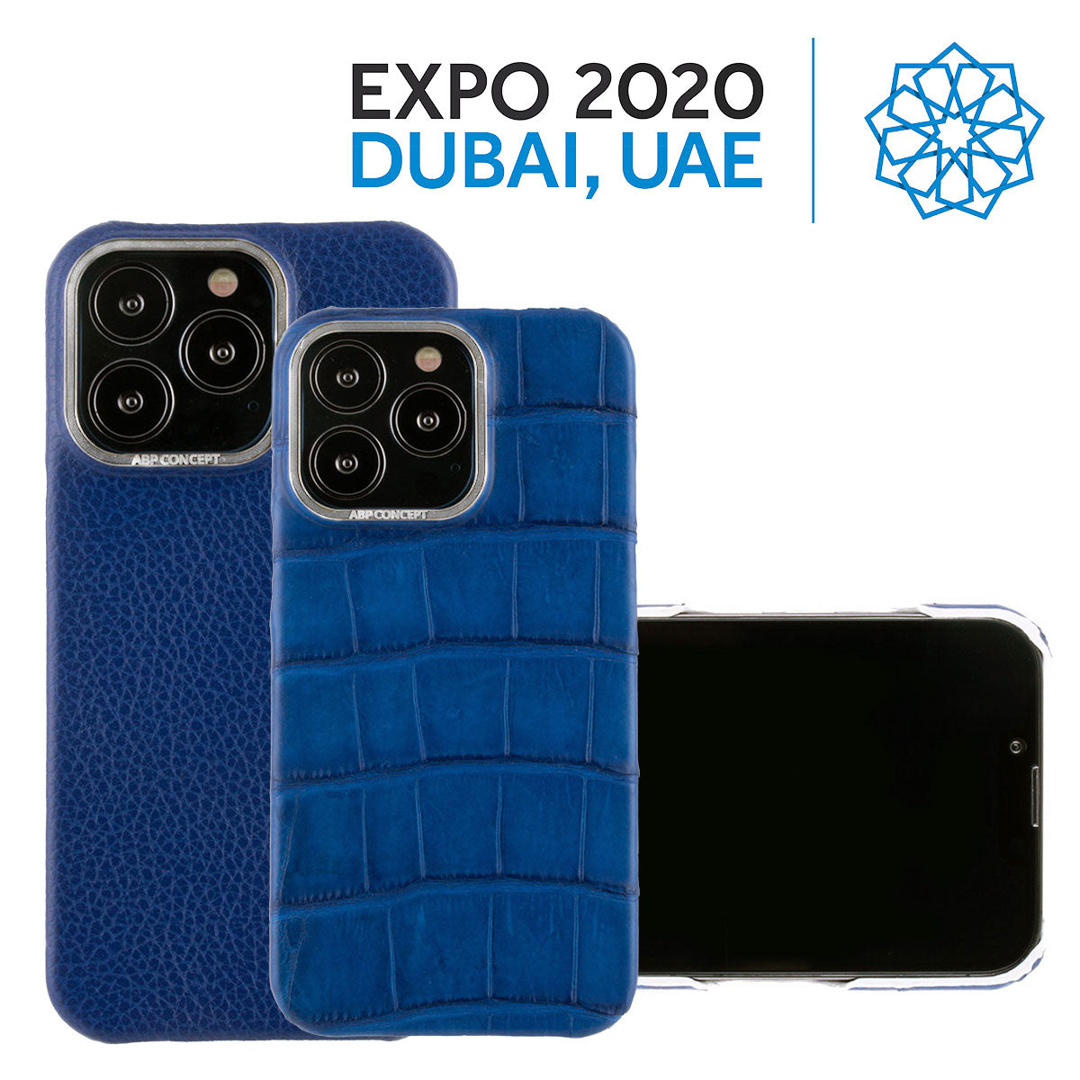 Hommage à l'Expo 2020 Dubai - Coque cuir pour iPhone 13 et 12 ( Pro / Max ) - Alligator et buffle bleu