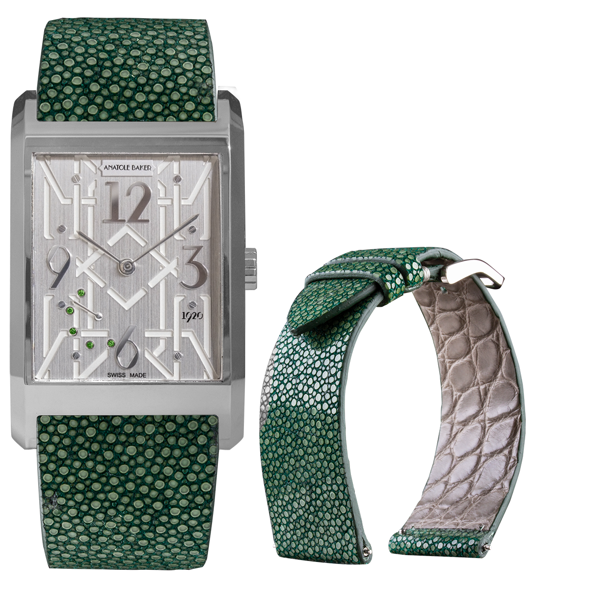 Montre ANATOLE BAKER 1920 - Dandy tsavorites vertes - Bracelet Galuchat vert