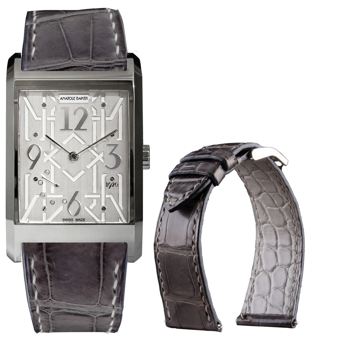 ANATOLE BAKER 1920 watch - Dandy white diamonds - Grey alligator strap