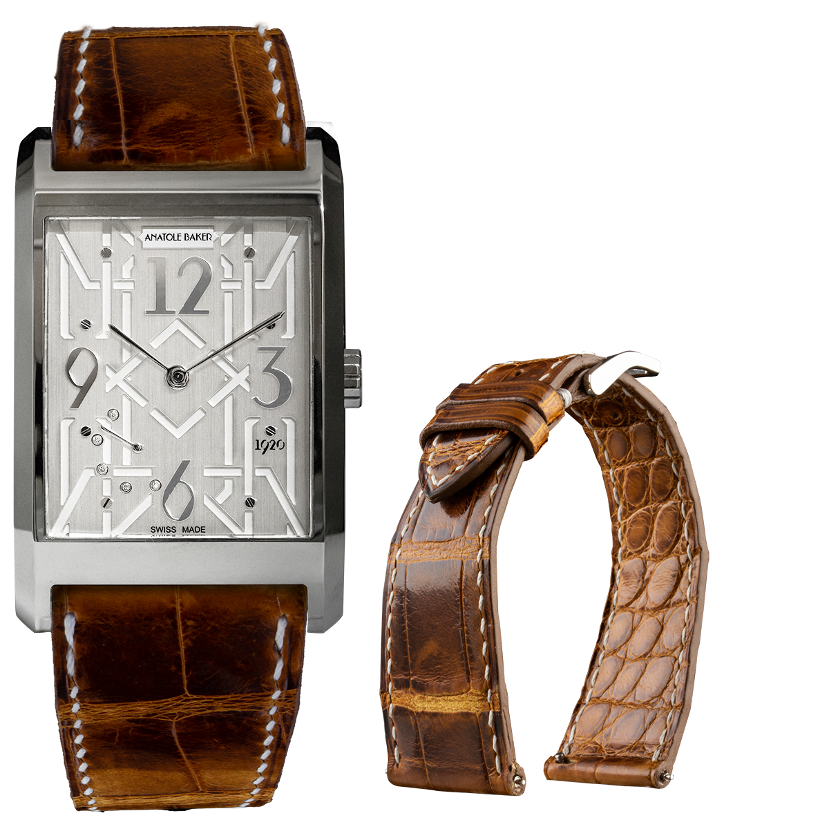 ANATOLE BAKER 1920 watch - Dandy white diamonds - Waxed brown alligator strap