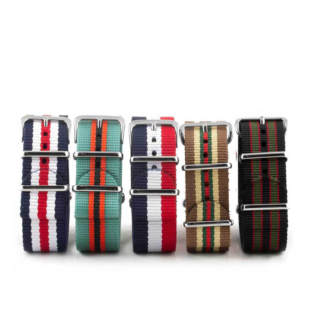 Nylon / fabric nato strap - 3/4 colors stripes (black, brown, blue, red, white, orange, kaki, beige)