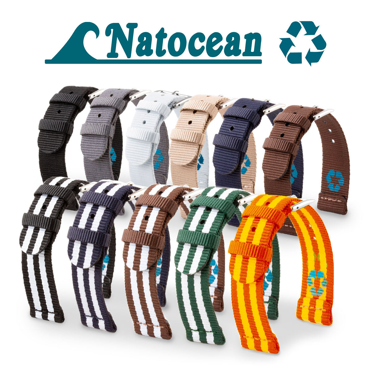 Natocean - Bracelet montre 2 brins nylon recyclé (noir, gris, blanc, beige, bleu, marron, vert, orange, jaune)