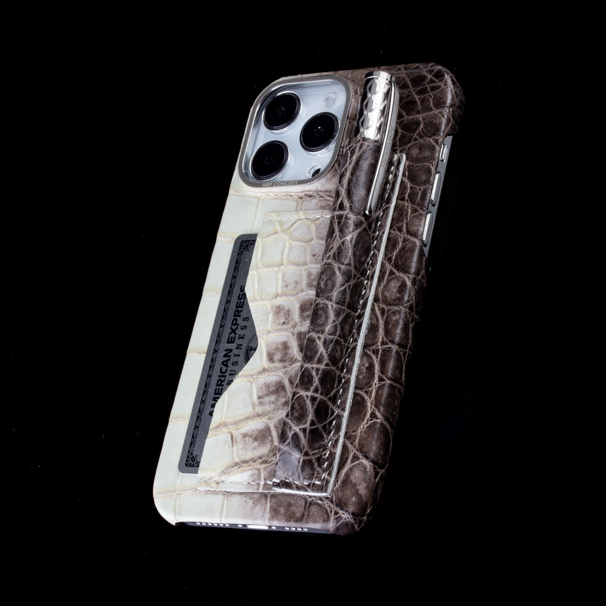 Leather iPhone HIMALAYA "Business case" / cover with credit card pocket and roller pen - iPhone 15, 14 & 13 Pro Max - Genuine alligator