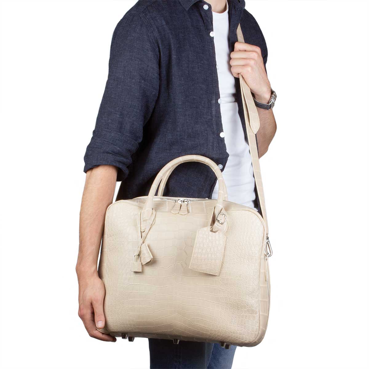 Leather briefcase - Beige porosus crocodile bag – ABP Concept